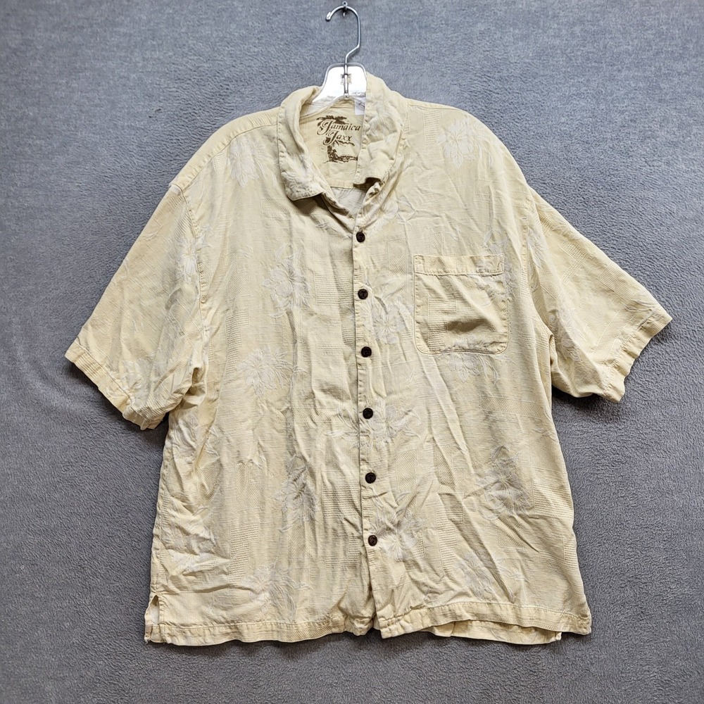 Jamaica Jaxx Men Button Up Shirt XL Yellow Jacquard Silk Pocket Short Sleeve